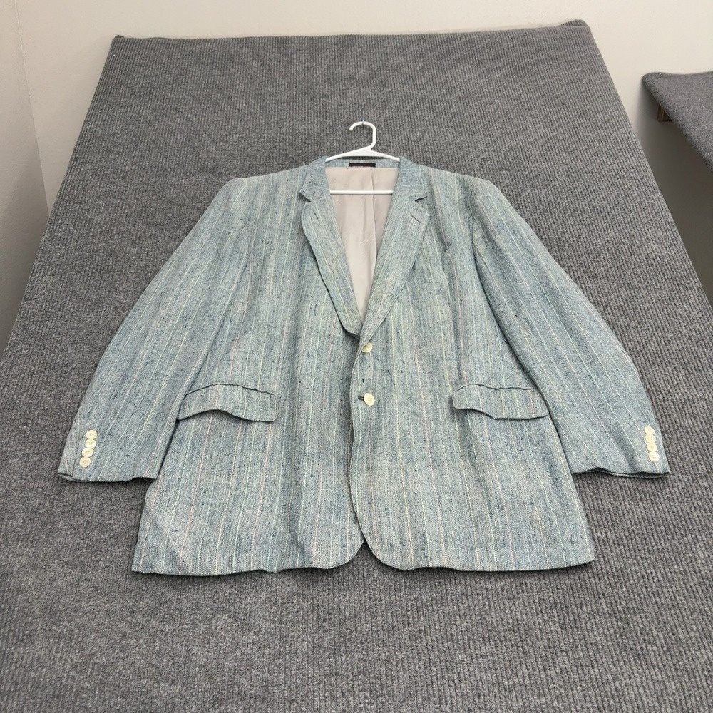 Vintage English Manor Blazer Mens 48L Blue Linen Blend Pinstripe Sport Coat